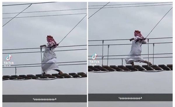 فيديو متداول لمواطن "مسن" يعبر ممشى فوق جسر معلق بالباحة