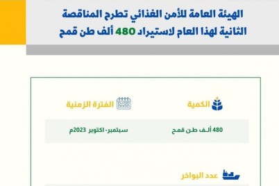 “الأمن الغذائي” تطرح المناقصة الثانية لهذا العام لاستيراد 480 ألف طنٍ قمح